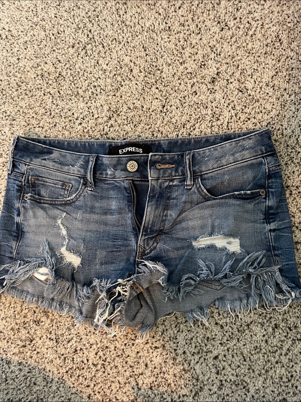 Express Distressed Frayed Hem Denim Shorts - Dark Blue